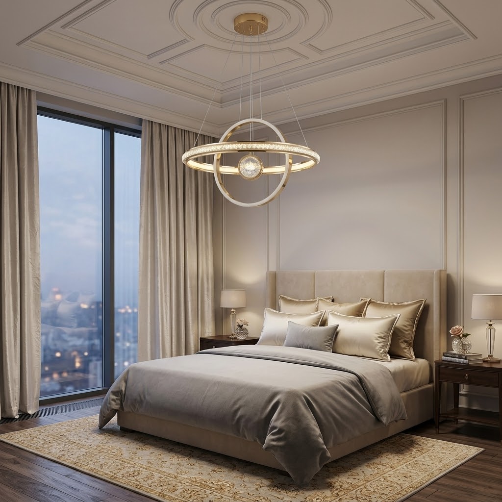 Gold LED orbital ring pendant light installed above a bed in a luxury bedroom.