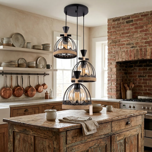 Farmhouse birdcage pendant light installed above a rustic kitchen island.