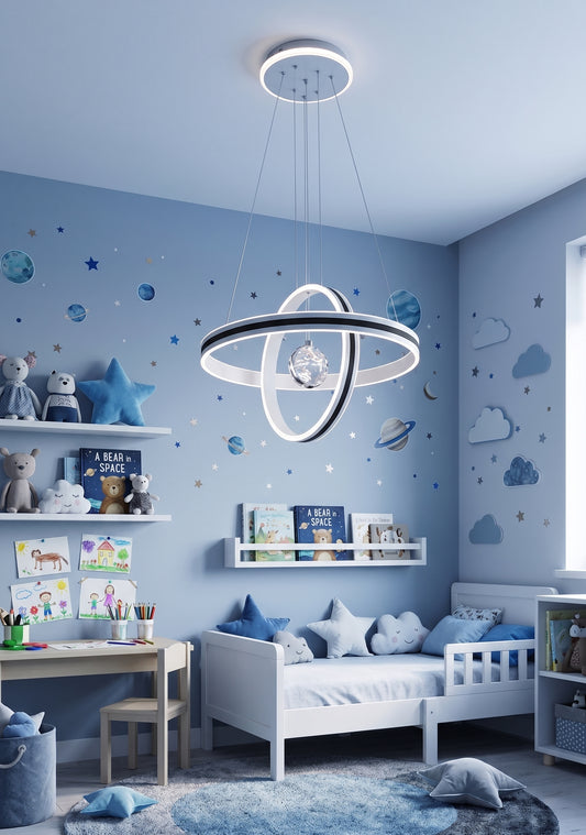 LED orbit ring pendant light installed in a children's bedroom with a space-themed wall decal.