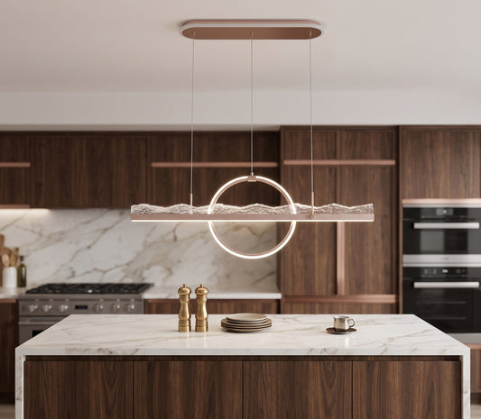 Grey LED linear pendant light with ring accent installed above a dining table.