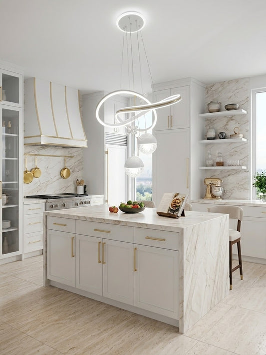 White LED loop pendant light with crystal ball installed above a round dining table.