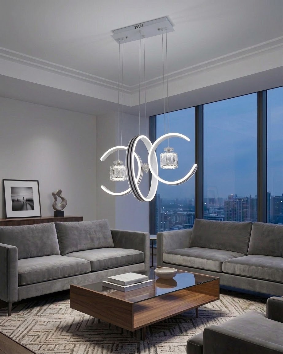 Dual crescent moon LED pendant light installed above grey sofas in a modern living room.