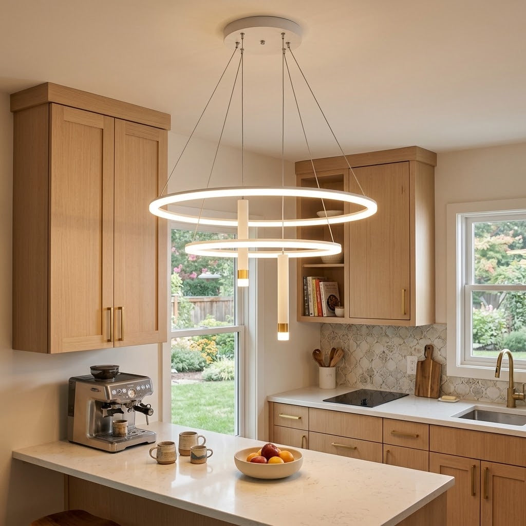 White LED tiered ring pendant light installed above a bed in a bedroom.