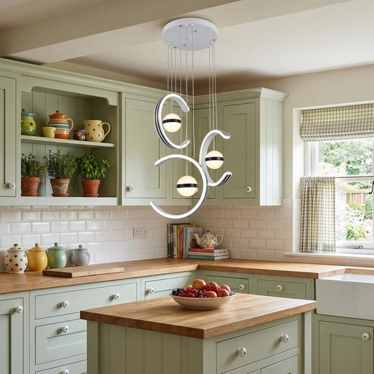 LED crescent moon pendant light installed in a hallway entryway.