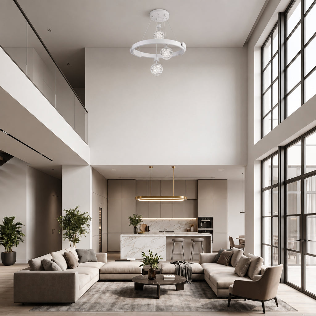 A modern LED pendant light in soft white with a slim illuminated ring and three faceted crystal-effect globes suspended at varying heights. .