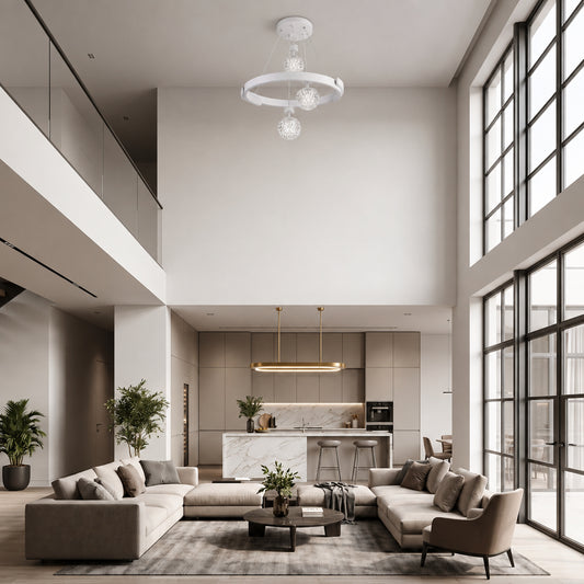 A modern LED pendant light in soft white with a slim illuminated ring and three faceted crystal-effect globes suspended at varying heights. .