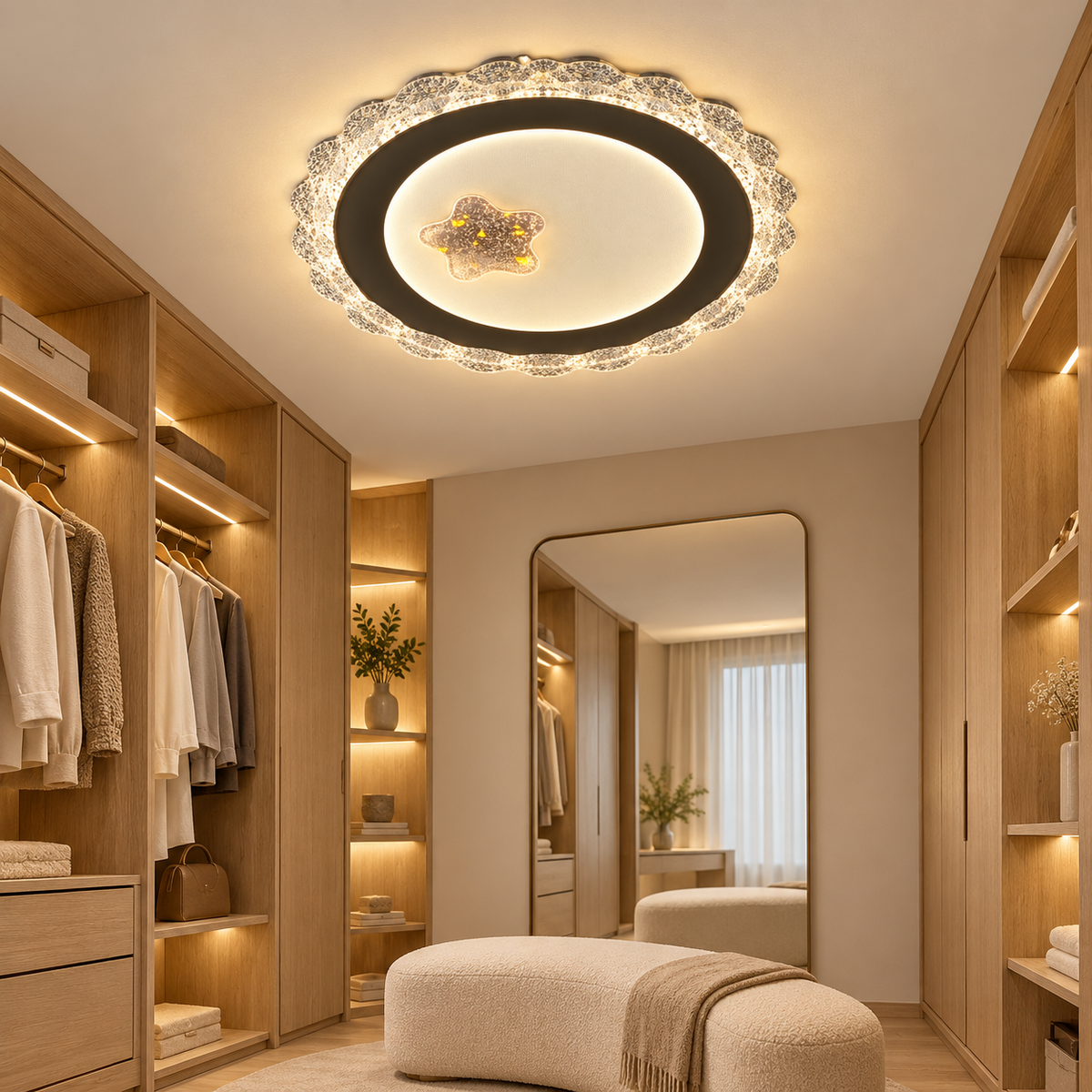 A round ceiling light featuring a decorative scalloped border, a dark circular inner ring and a light-coloured centre.