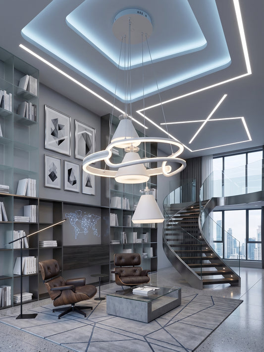 White LED staggered cone pendant light installed in a double-volume living room with a spiral staircase.