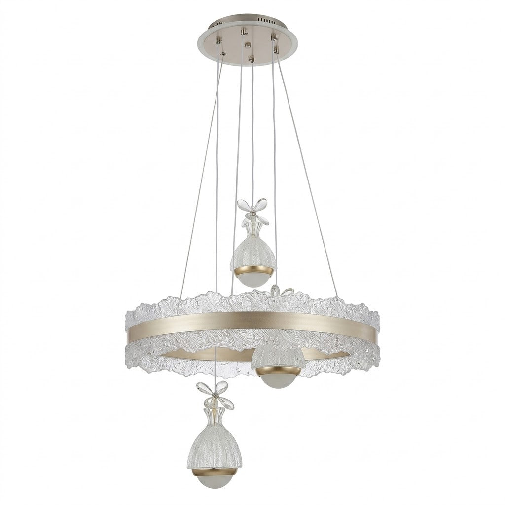 Champagne LED ring pendant light with lace-textured edge and flower drop shades, shown on a white background.