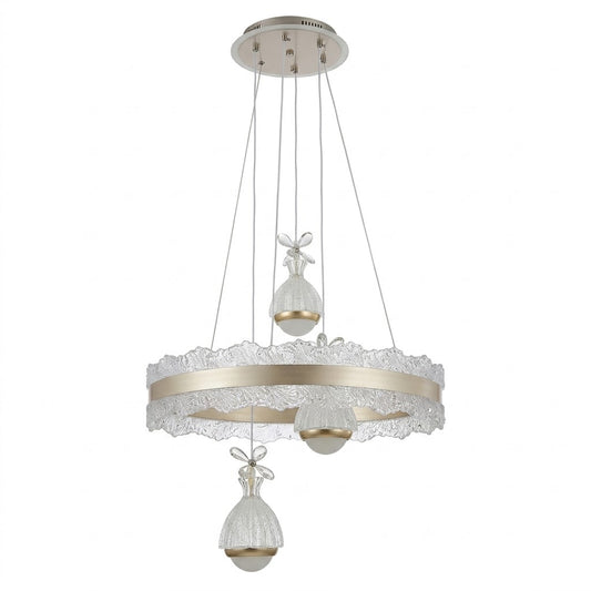 Champagne LED ring pendant light with lace-textured edge and flower drop shades, shown on a white background.