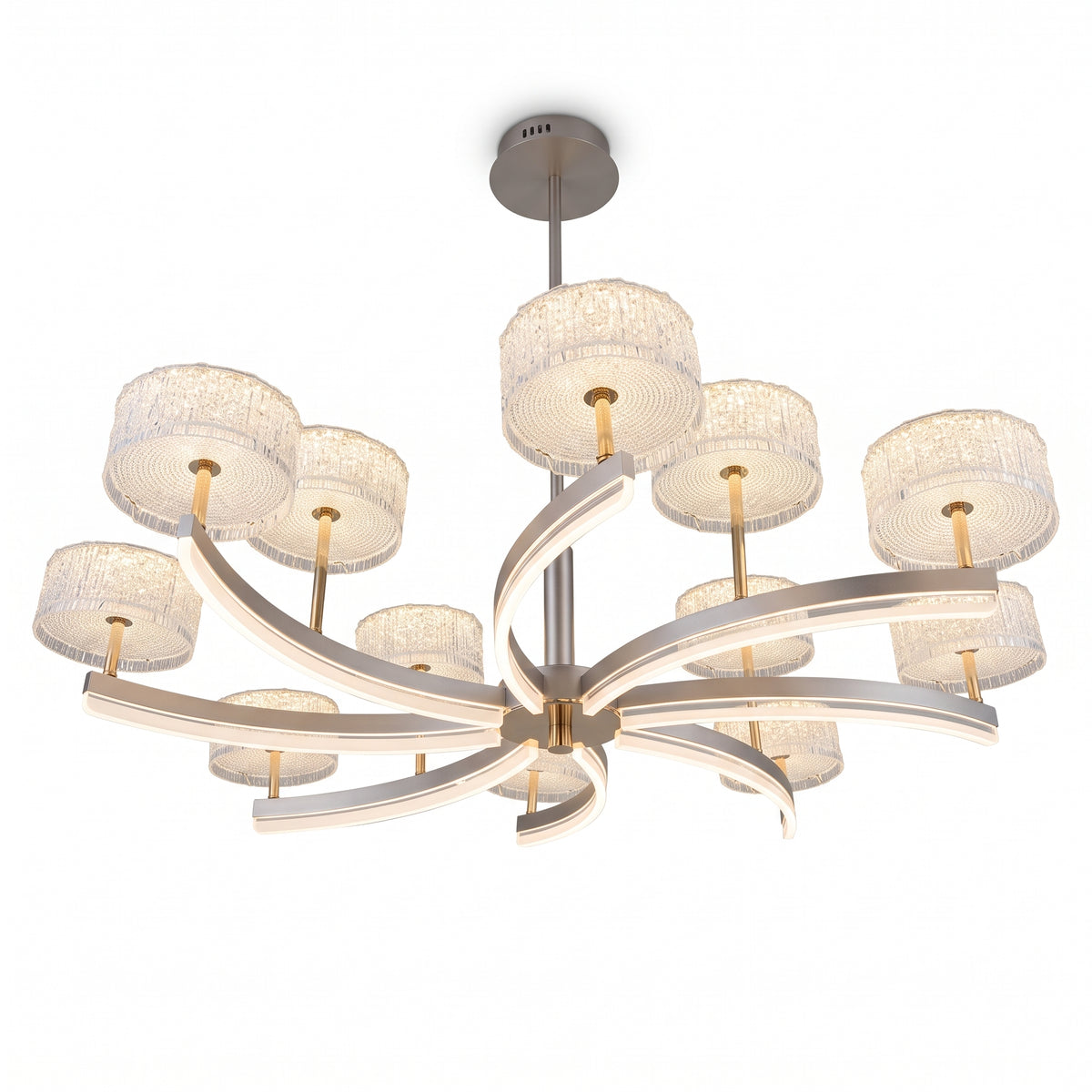 A statement 12-light flower pendant chandelier with sweeping curved arms in brushed nickel and gold-toned stems.