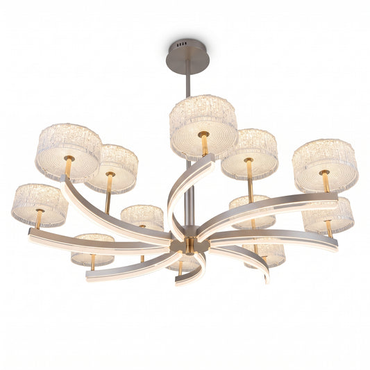 A statement 12-light flower pendant chandelier with sweeping curved arms in brushed nickel and gold-toned stems.