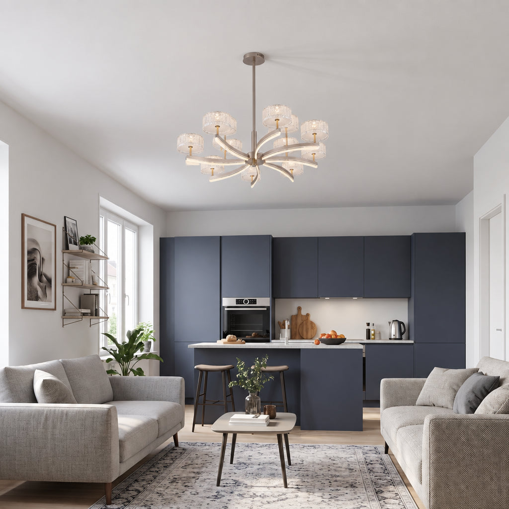 A statement 12-light flower pendant chandelier with sweeping curved arms in brushed nickel and gold-toned stems..