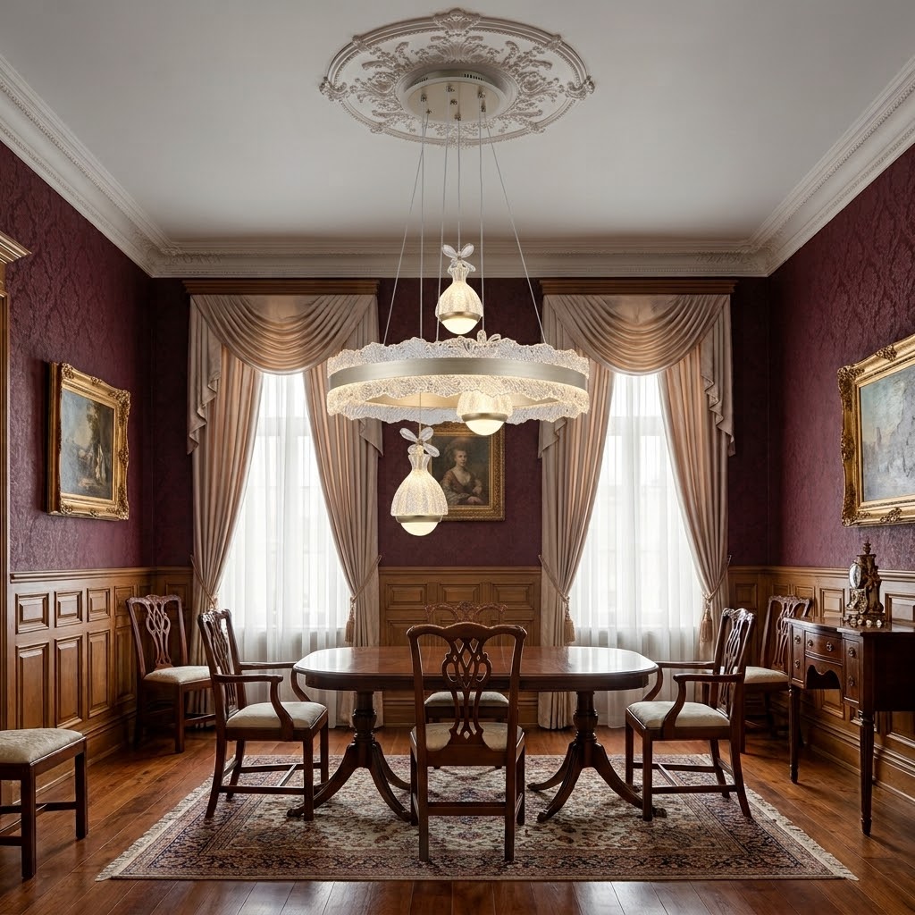 Champagne LED lace-edge ring pendant light installed above a dining table in a traditional dining room.