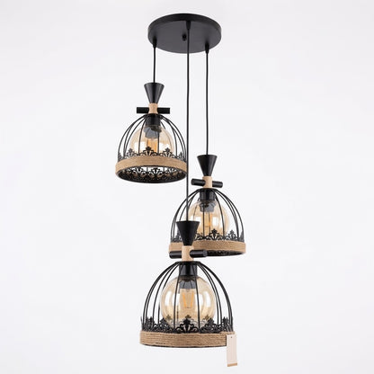 Farmhouse birdcage triple pendant light in black with jute rope trim, shown on a white background.