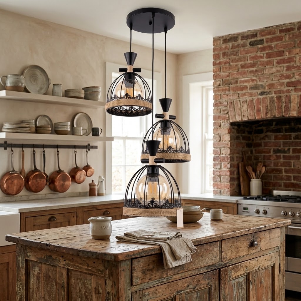 Farmhouse birdcage pendant light installed above a rustic kitchen island.