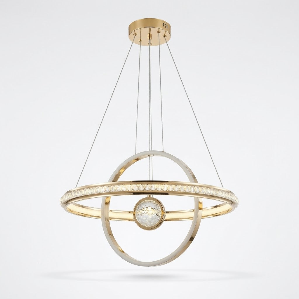 Gold LED orbital ring pendant light with a crystal-effect sphere, shown on a white background.