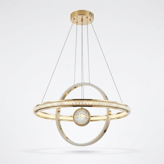 Gold LED orbital ring pendant light with a crystal-effect sphere, shown on a white background.