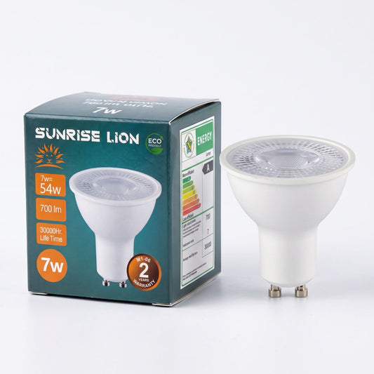A 7W Sunrise Lion GU10 LED light bulb shown next to its dark teal-green retail packaging box on a clean white background.