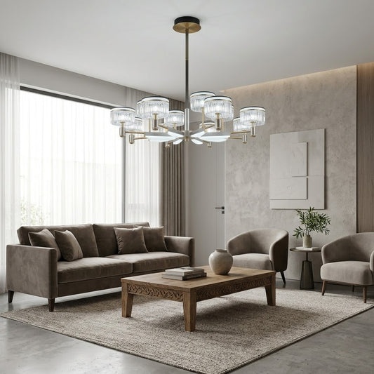 8-arm crystal pendant chandelier installed above a living room seating area.