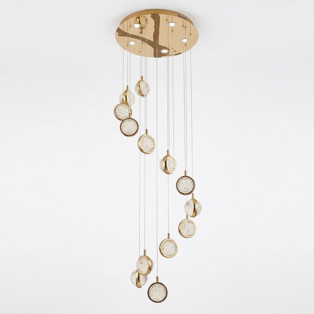 Spiral cascade crystal chandelier in gold with staggered crystal-bubble spheres, shown on a white background.