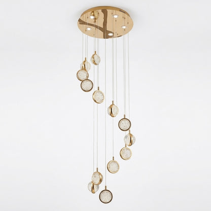 Spiral cascade crystal chandelier in gold with staggered crystal-bubble spheres, shown on a white background.