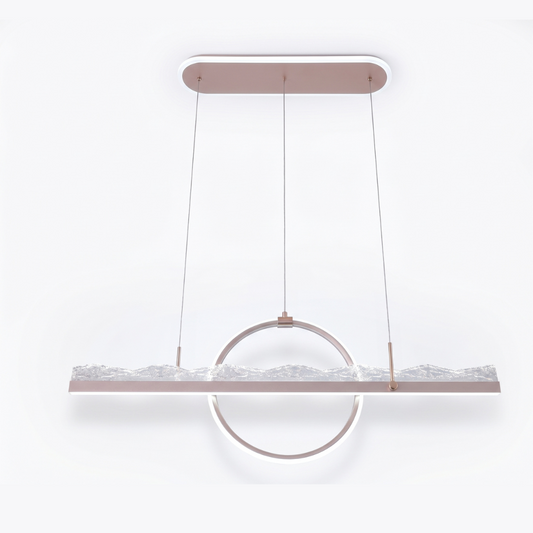 Grey LED linear pendant light with a circular ring light accent, shown on a white background.