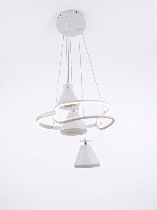 White LED staggered cone multi-drop pendant light, shown on a white background.