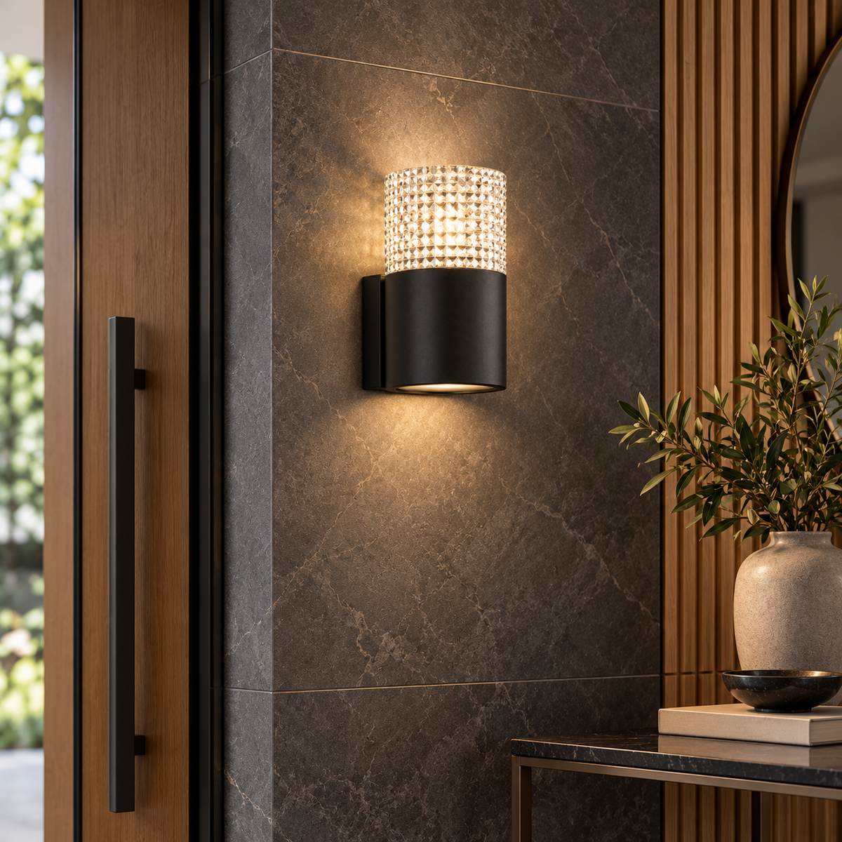 A textured, crystal-effect cylinder shade sits on a sleek black round body with a solid wall bracket, scattering the light into a soft glittering glow after dark.
