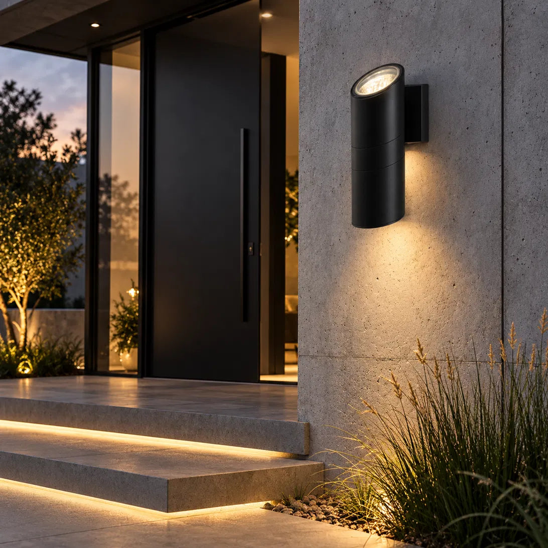 Modern black aluminium and glass GU10 wall light, available in round or square styles and in single or double light versions.  .