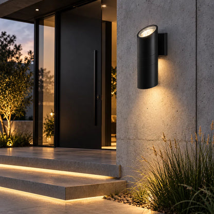 Modern black aluminium and glass GU10 wall light, available in round or square styles and in single or double light versions.  .