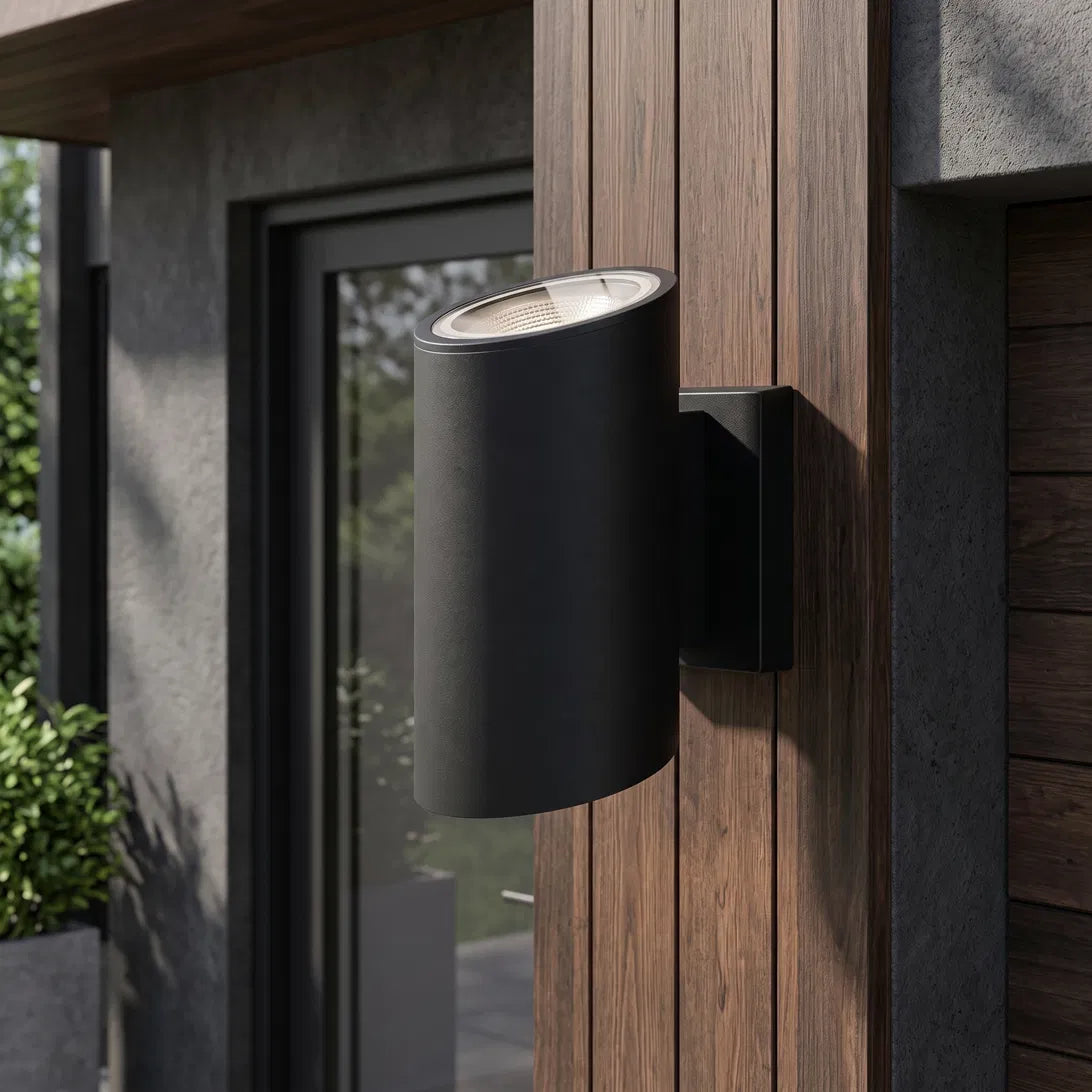 Modern black aluminium and glass GU10 wall light, available in round or square styles and in single or double light versions. 