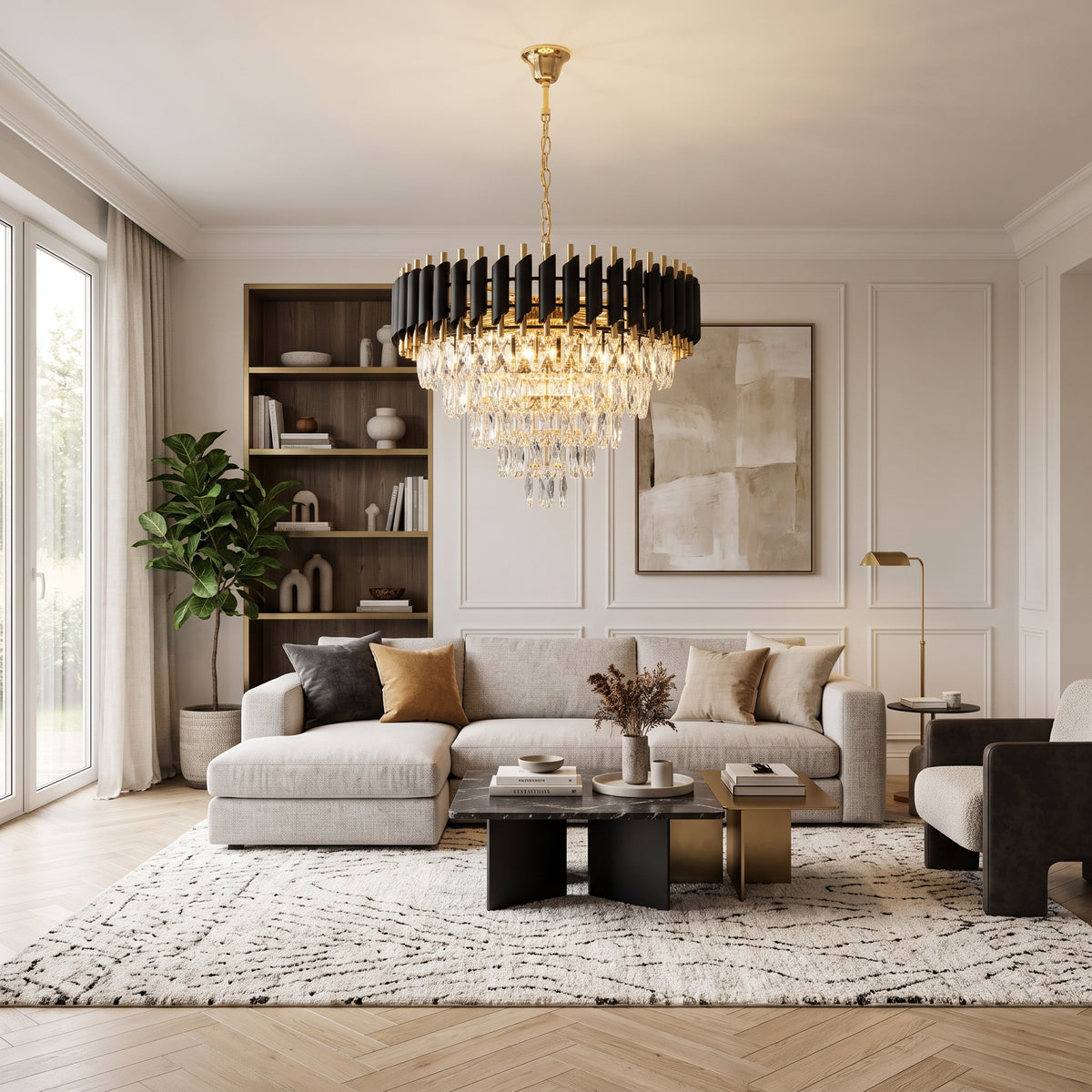 A luxury modern chandelier with black cylindrical rings and a gold-toned frame hangs in a bright, elegant living room with a beige sectional sofa, marble coffee table, and patterned rug.