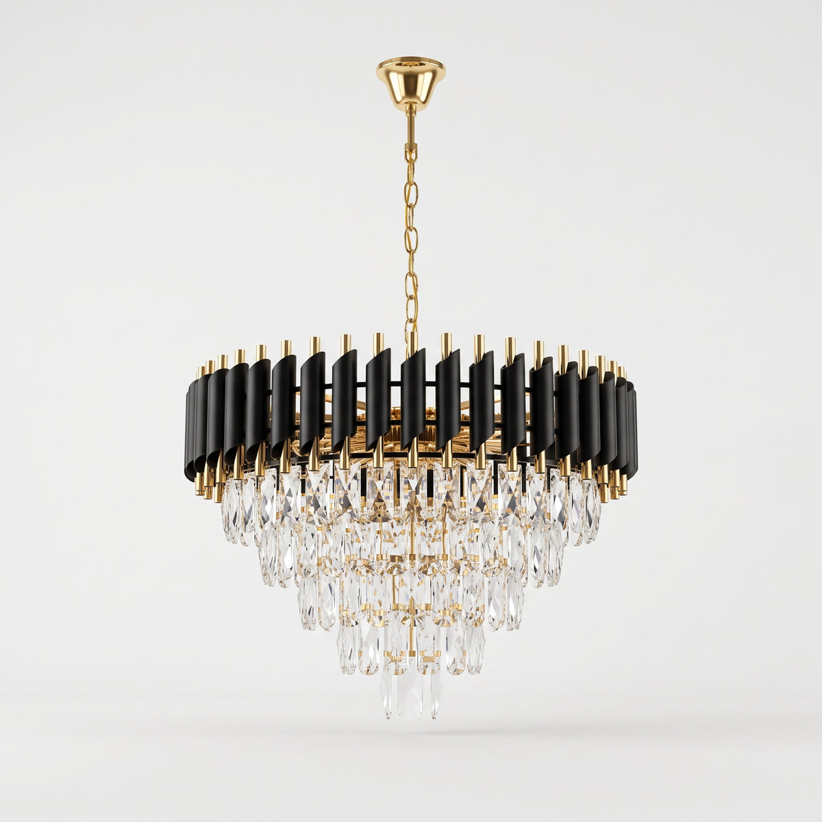 A modern circular chandelier with a gold-tone chain and canopy, black cylindrical rods, and cascading clear crystal prisms, shown against a light gray studio background.