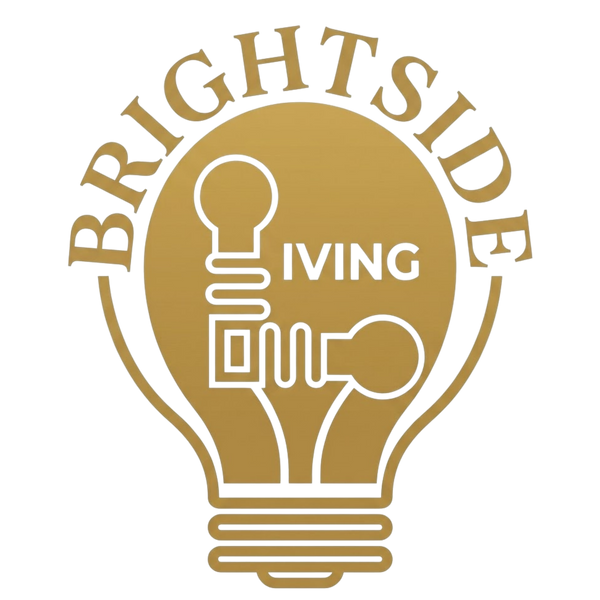 A circular gold logo featuring a lightbulb outline with the words 'BRIGHTSIDE' arched above and 'IVING' inside, on a black background.