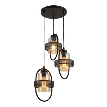 Industrial cage triple pendant light in black with exposed filament bulbs, shown on a white background.