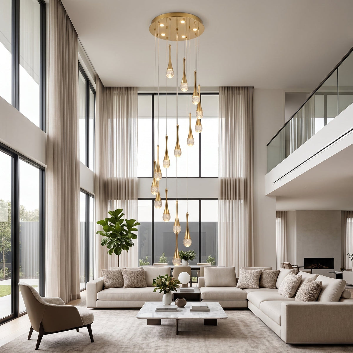 Gold cascading teardrop stair chandelier hanging in a double-height living room