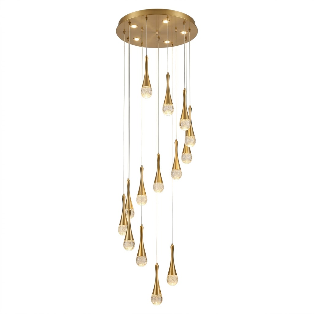 Gold cascading teardrop stair chandelier hanging in a double-height living room.