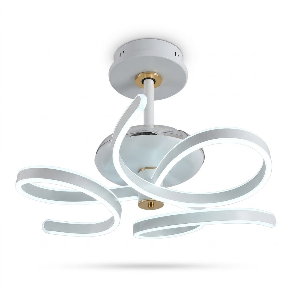 White LED ceiling fan with concealed blades and a sculptural swirling frame, shown on a white background.