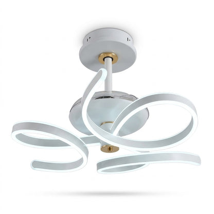White LED ceiling fan with concealed blades and a sculptural swirling frame, shown on a white background.