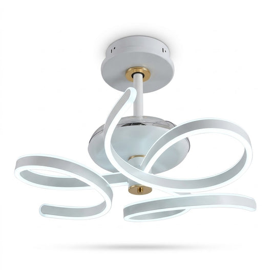 White LED ceiling fan with concealed blades and a sculptural swirling frame, shown on a white background.