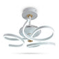 White LED ceiling fan with concealed blades and a sculptural swirling frame, shown on a white background.