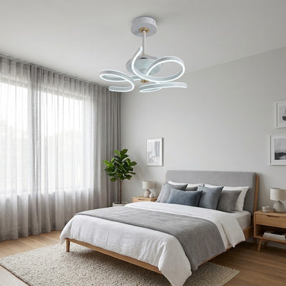 White LED ceiling fan installed above a bed in a bedroom.