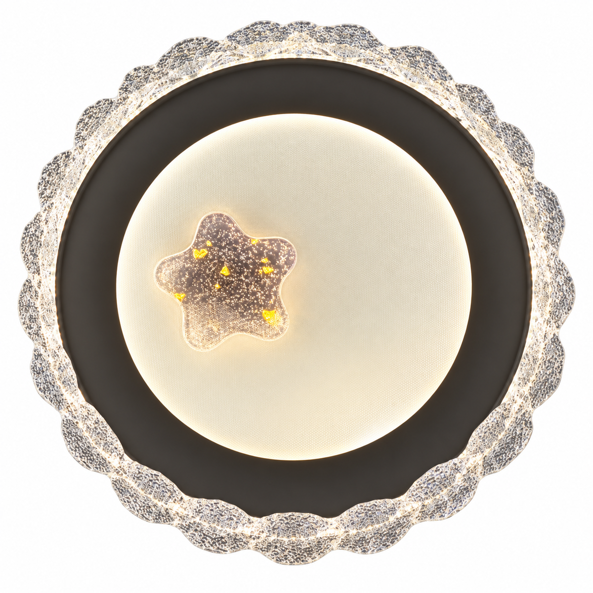 A round ceiling light featuring a decorative scalloped border, a dark circular inner ring and a light-coloured centre