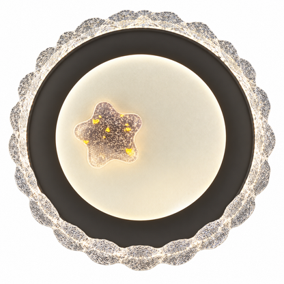 A round ceiling light featuring a decorative scalloped border, a dark circular inner ring and a light-coloured centre