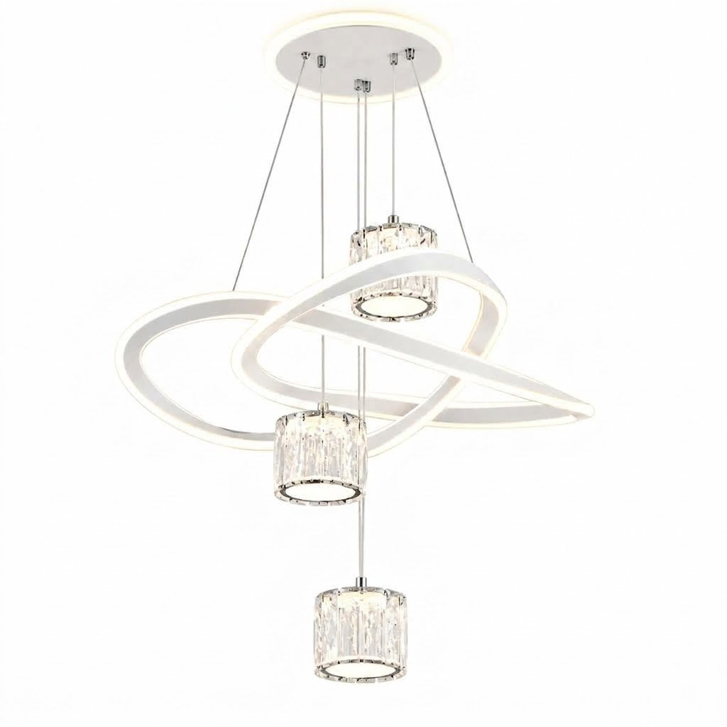 LED loop pendant light with intertwining rings and crystal drum shades, shown on a white background.