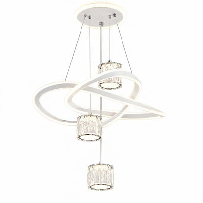 LED loop pendant light with intertwining rings and crystal drum shades, shown on a white background.