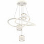 LED loop pendant light with intertwining rings and crystal drum shades, shown on a white background.