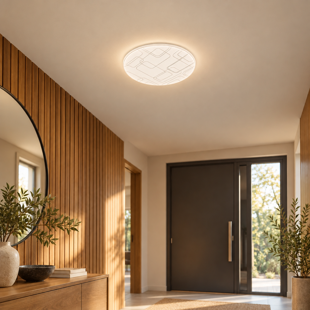 A round LED ceiling light featuring a decorative geometric square-patterned surface and a white finish.