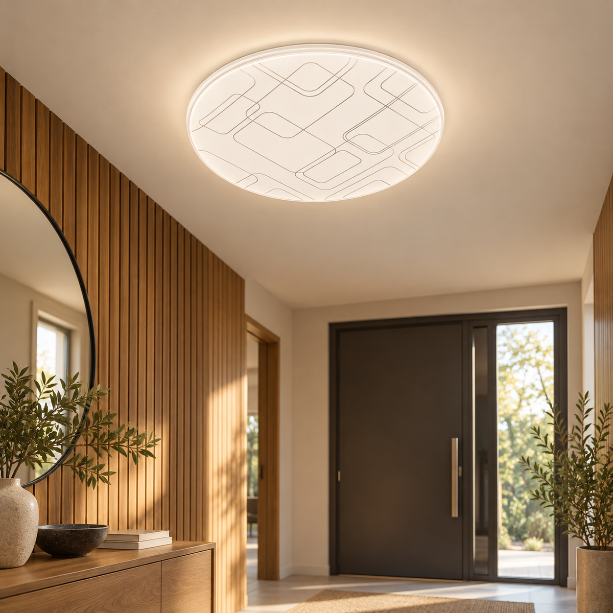 A round LED ceiling light featuring a subtle geometric surface pattern and a white finish.